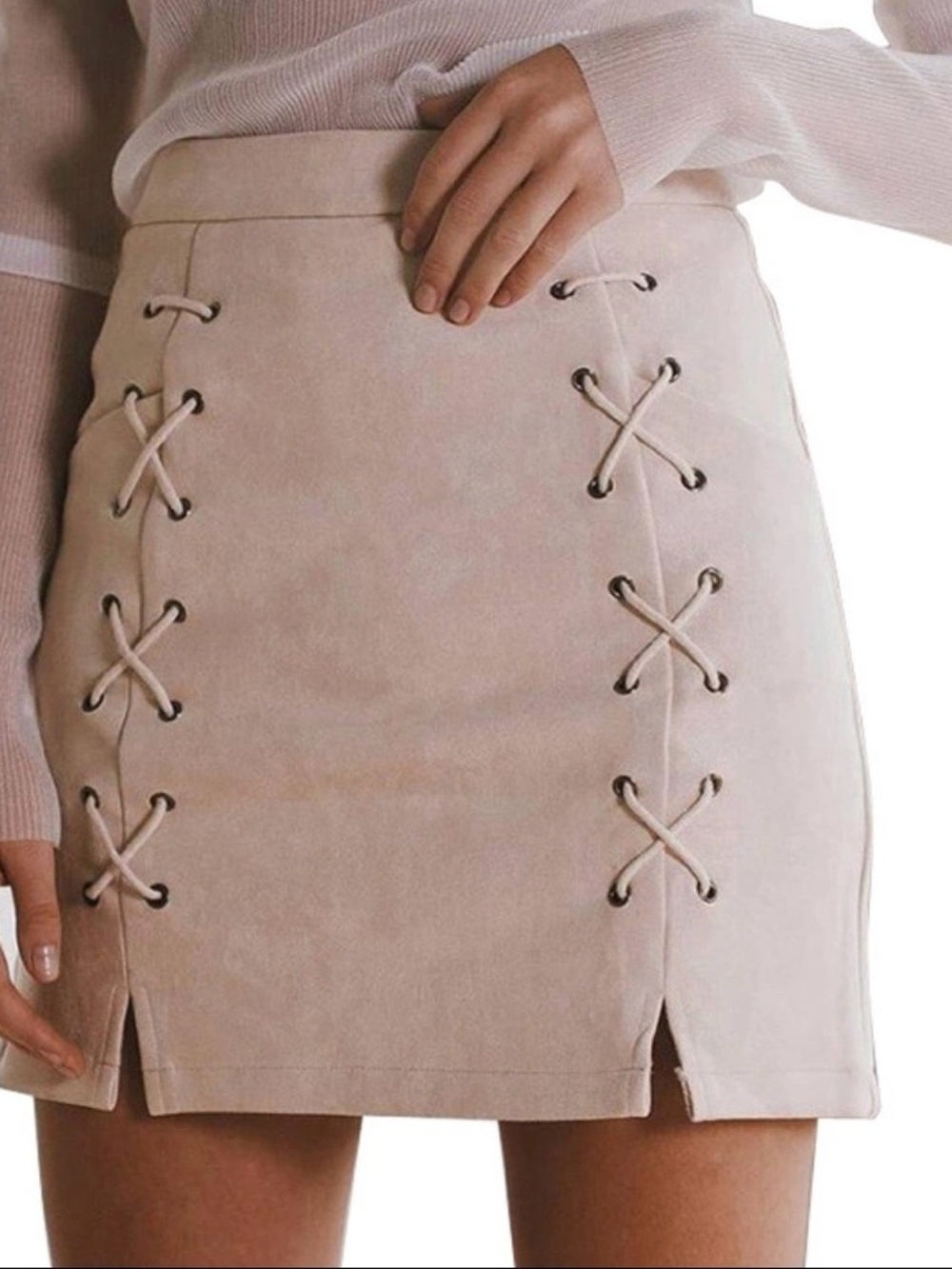 Lace-Up Suede Mini Skirt in Blush